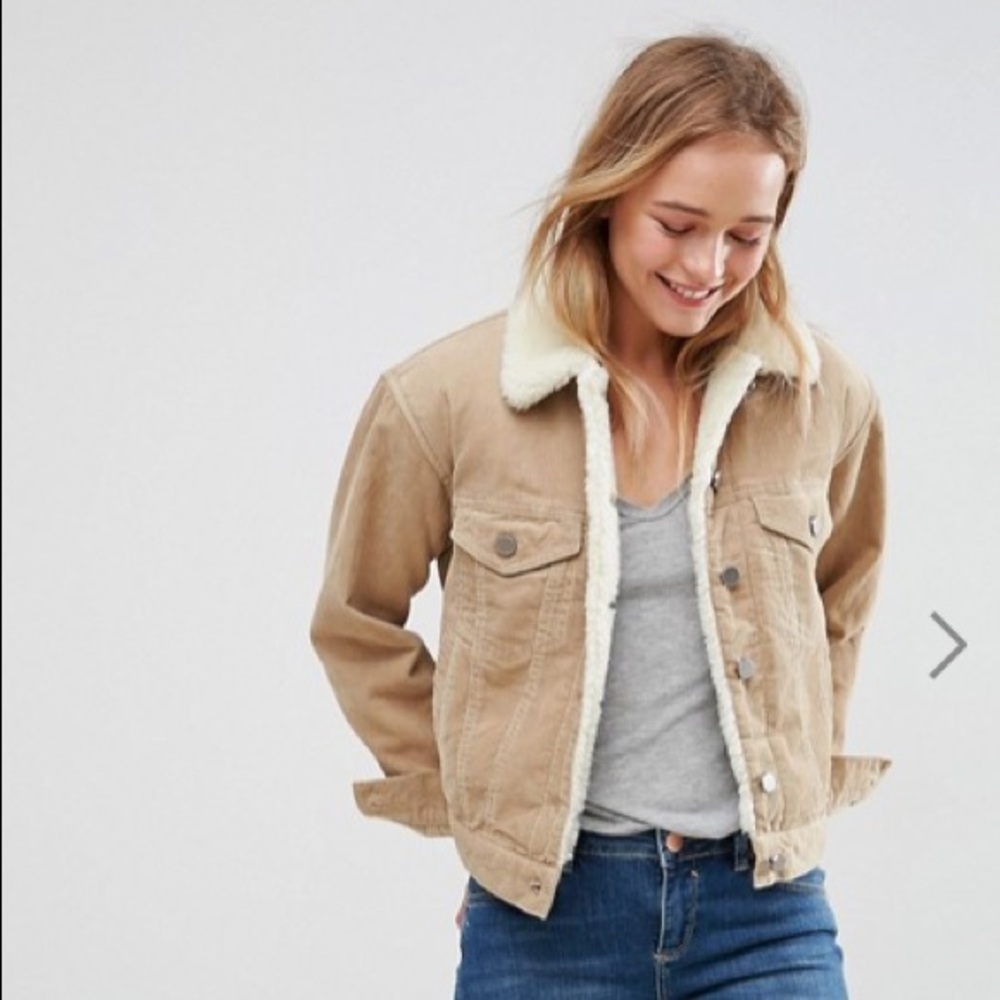 ASOS cord jacket with fleece collar in stone